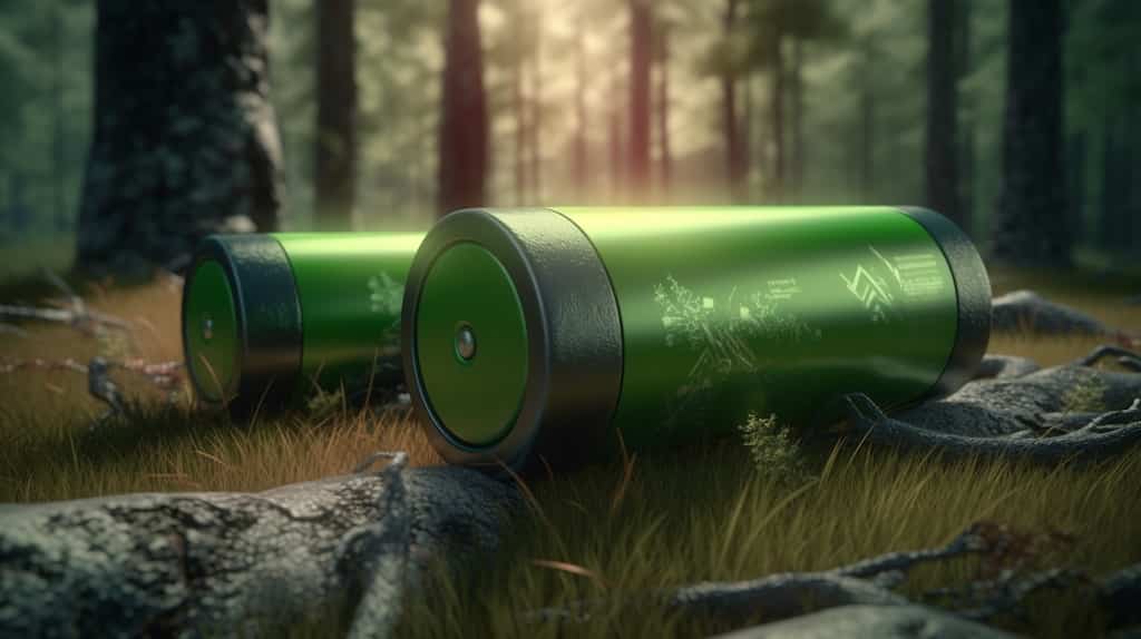 Zwei Hochleistungsbatterien des Typs 18650 Lithium-Ionen-Akku in grünen metallischen Grün liegen auf Steinen mit einem Waldhintergrund der die ökologische Nutzung dieser Batterie unterstreicht.