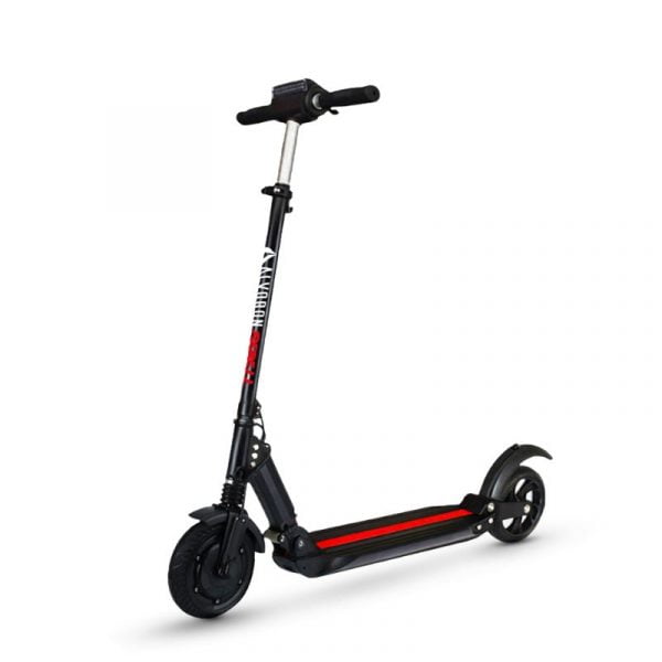 Schwarzer Alvoron Rebel E-Scooter mit roten Akzenten und robustem Design, ideal für Abenteuer in der Stadt.
