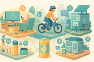 Illustration mit verschiedenen Batterietypen (AA, Lithium-Ionen, Natrium-Ionen) in Alltagsanwendungen wie E-Bikes, Solaranlagen und Haushaltsgeräten.
