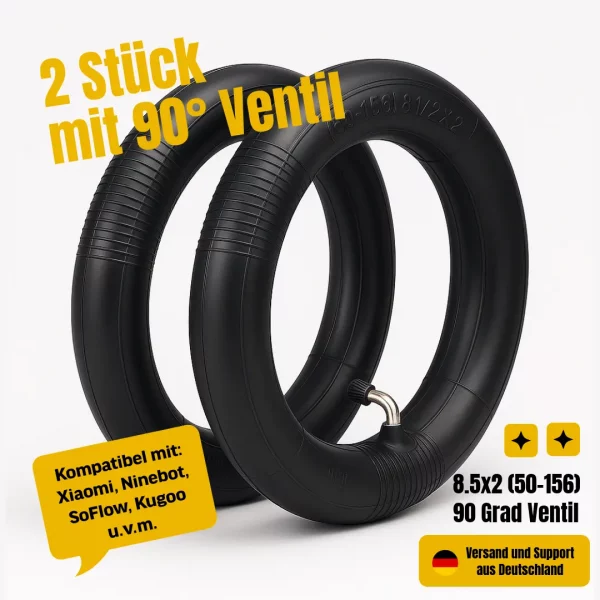 2er Set E-Scooter Schlauch 8.5x2 (50/75-6.1) mit 90 Grad Ventil – kompatibel mit Xiaomi & Ninebot