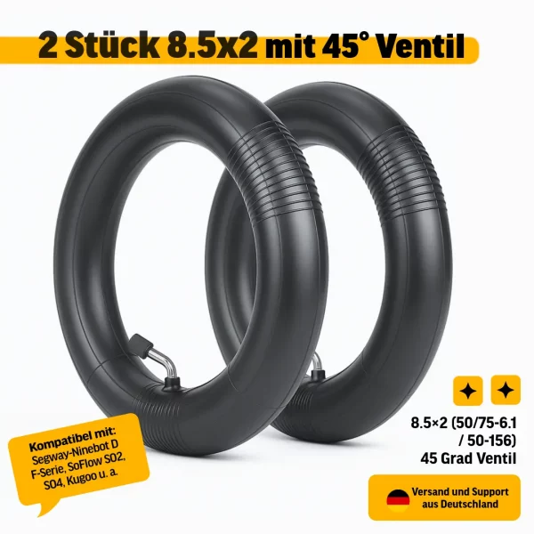 Zwei E-Scooter Ersatzschläuche 8.5x2 (50/75-6.1 / 50-156) mit 45 Grad Ventil, kompatibel mit Ninebot D/F, SoFlow SO2/SO4, Kugoo und VMAX. Kein Originalteil.