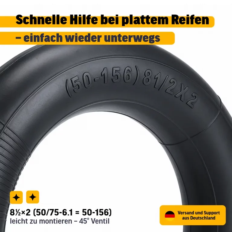 E-Scooter Schlauch 8.5x2 (50/75-6.1 = 50-156) mit 45° Ventil – Ersatzschlauch für gängige 8.5-Zoll-E-Scooter, robust & leicht zu montieren – kein Originalteil.