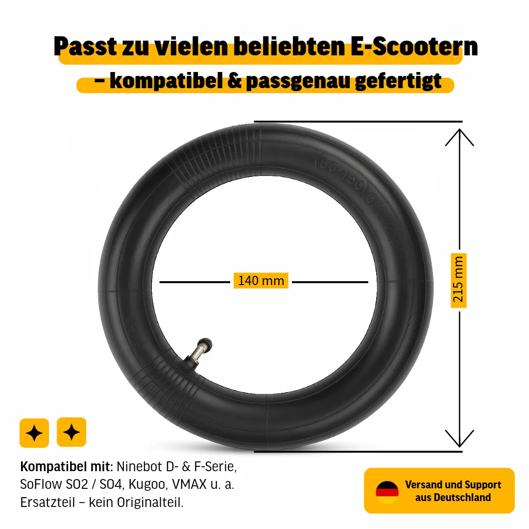 E Scooter Schlauch 8.5x2 45 Grad Ventil 2er Set – kompatibler Ersatzschlauch für viele Modelle 3 E-Scooter Ersatzschlauch 8.5×2 (50/75-6.1 = 50-156) mit 45° Ventil – kompatibel mit Ninebot D- & F-Serie, SoFlow SO2/SO4, Kugoo, VMAX u. a. E-Scootern – Ersatzteil – kein Originalteil.