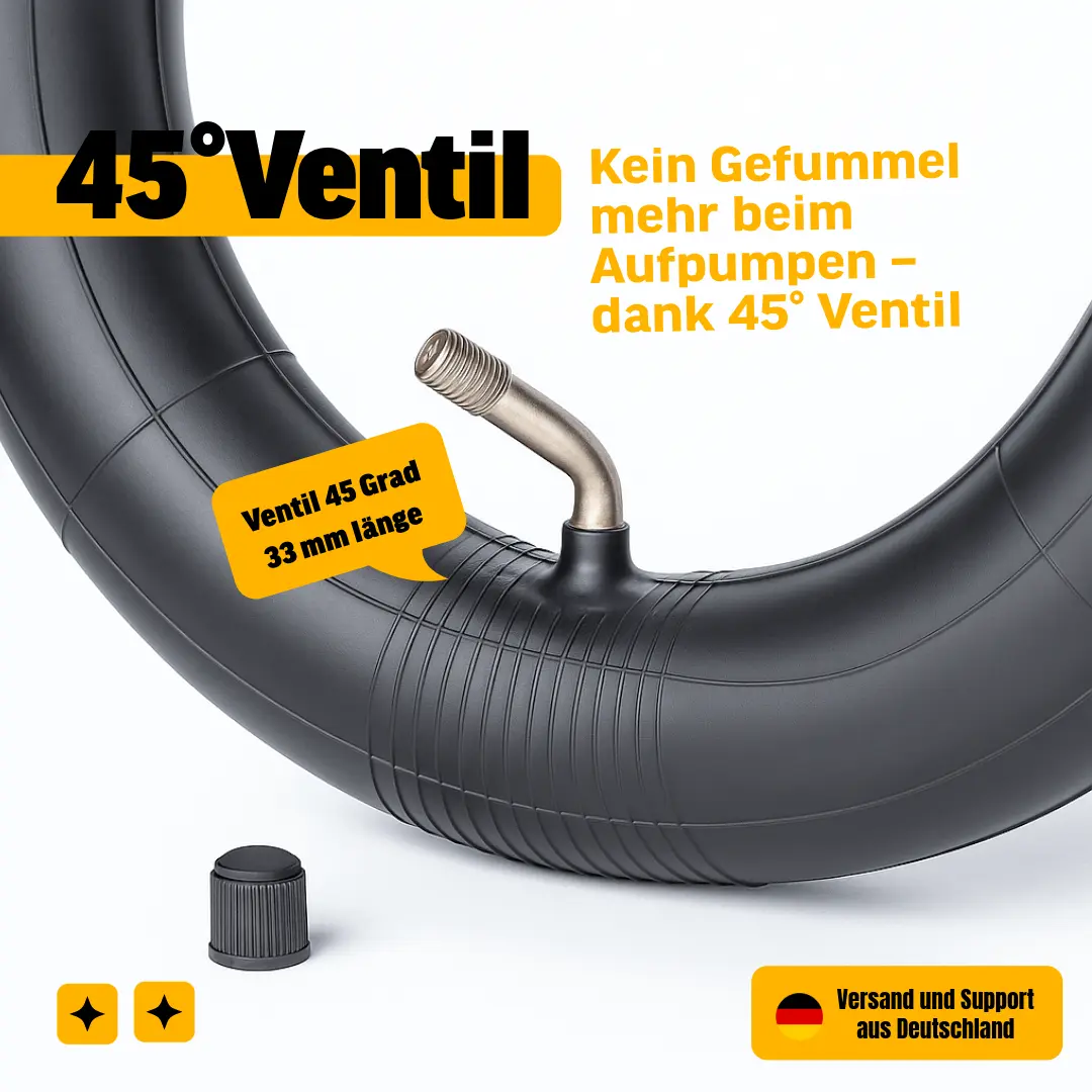 E Scooter Schlauch 8.5x2 45 Grad Ventil 2er Set – kompatibler Ersatzschlauch für viele Modelle 5 E-Scooter Ersatzschlauch 8.5×2 (50/75-6.1 = 50-156) mit 45° Ventil, 33 mm Länge – leichtes Aufpumpen ohne Fummelei – Ersatzteil – kein Originalteil.