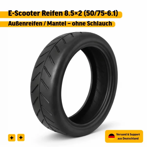E-Scooter Reifen 8.5x2 als Außenreifen ohne Schlauch mit sichtbarem Profil, freigestellt zur Darstellung von Form und Größe