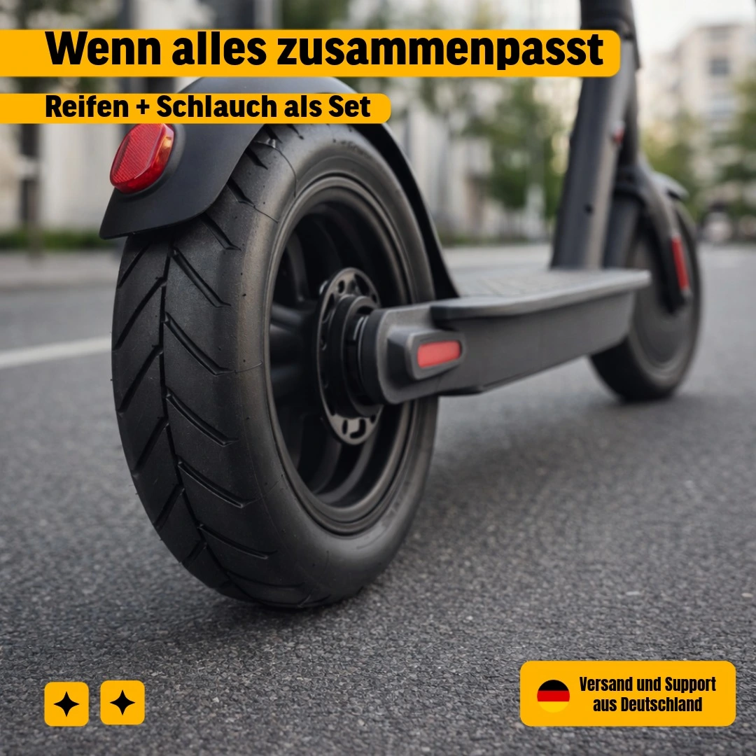 E-Scooter Reifen 8.5x2 (50/75-6.1) – Ersatzreifen kompatibel mit vielen Modellen 4 Montierter E-Scooter Reifen 8.5x2 am Hinterrad eines E-Scooters im Straßenumfeld als Anwendungsbeispiel