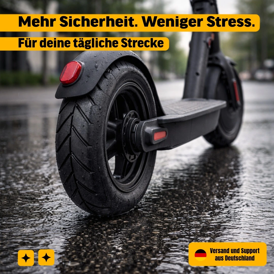 E-Scooter Reifen 8.5x2 (50/75-6.1) – Ersatzreifen kompatibel mit vielen Modellen 5 Montierter E-Scooter Reifen 8.5x2 auf nasser Fahrbahn im Stadtumfeld als Anwendungsdarstellung