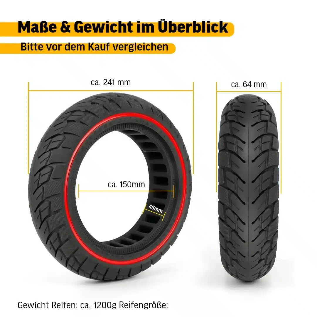 Vollgummi Reifen 10x2.5 60/70-6.5 45mm kompatibel mit Ninebot Max G30 G30D G30LP F2 Serie 5 E-Scooter Reifen 60/70-6.5 Maße und Gewicht Übersicht Vollgummi Reifen