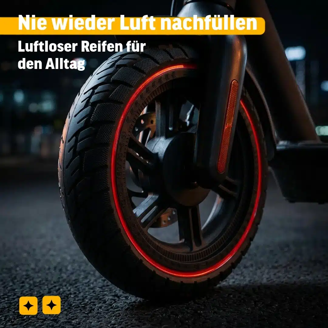 Vollgummi Reifen 10x2.5 60/70-6.5 45mm kompatibel mit Ninebot Max G30 G30D G30LP F2 Serie 7 E-Scooter 60/70-6.5 mit Vollgummi Reifen bei Nachtfahrt in der Stadt