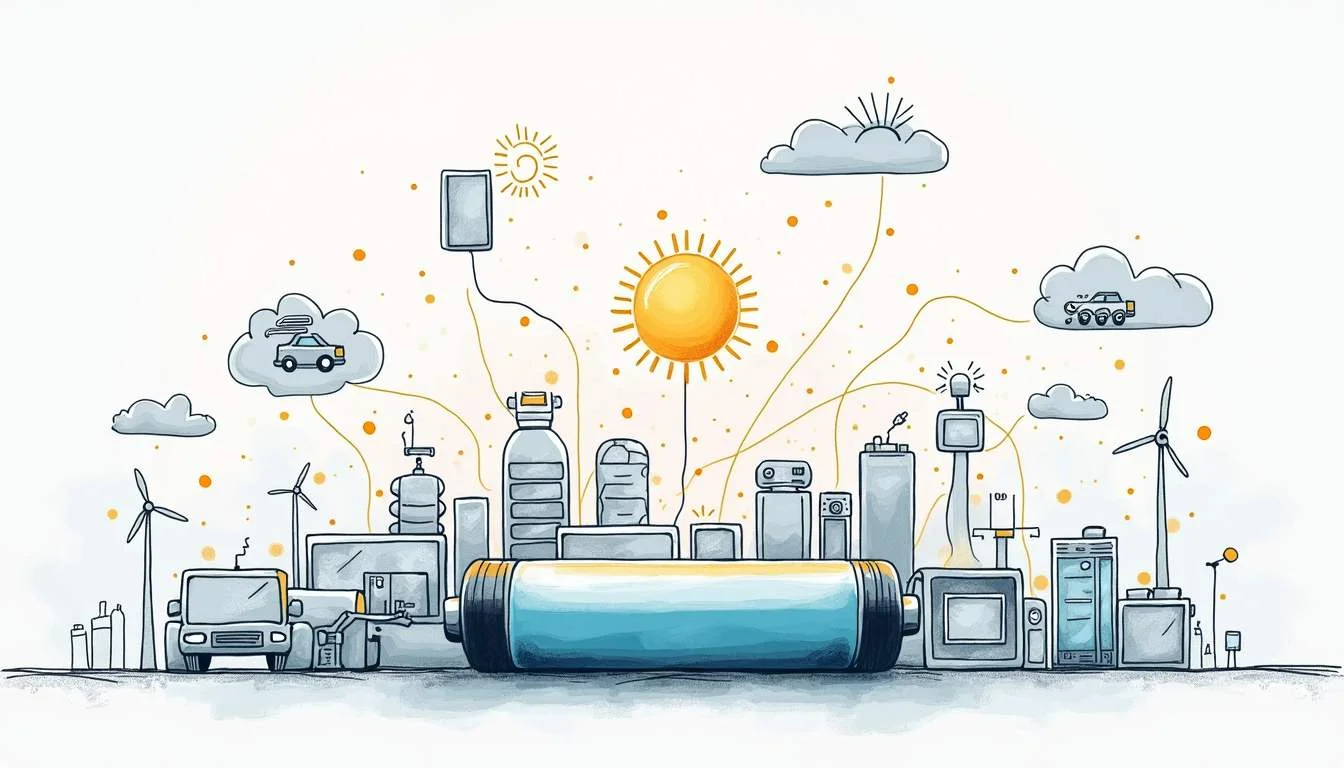 Sonnenenergie, Windkraft und smarte Geräte vernetzt über eine große Lithium-Batterie